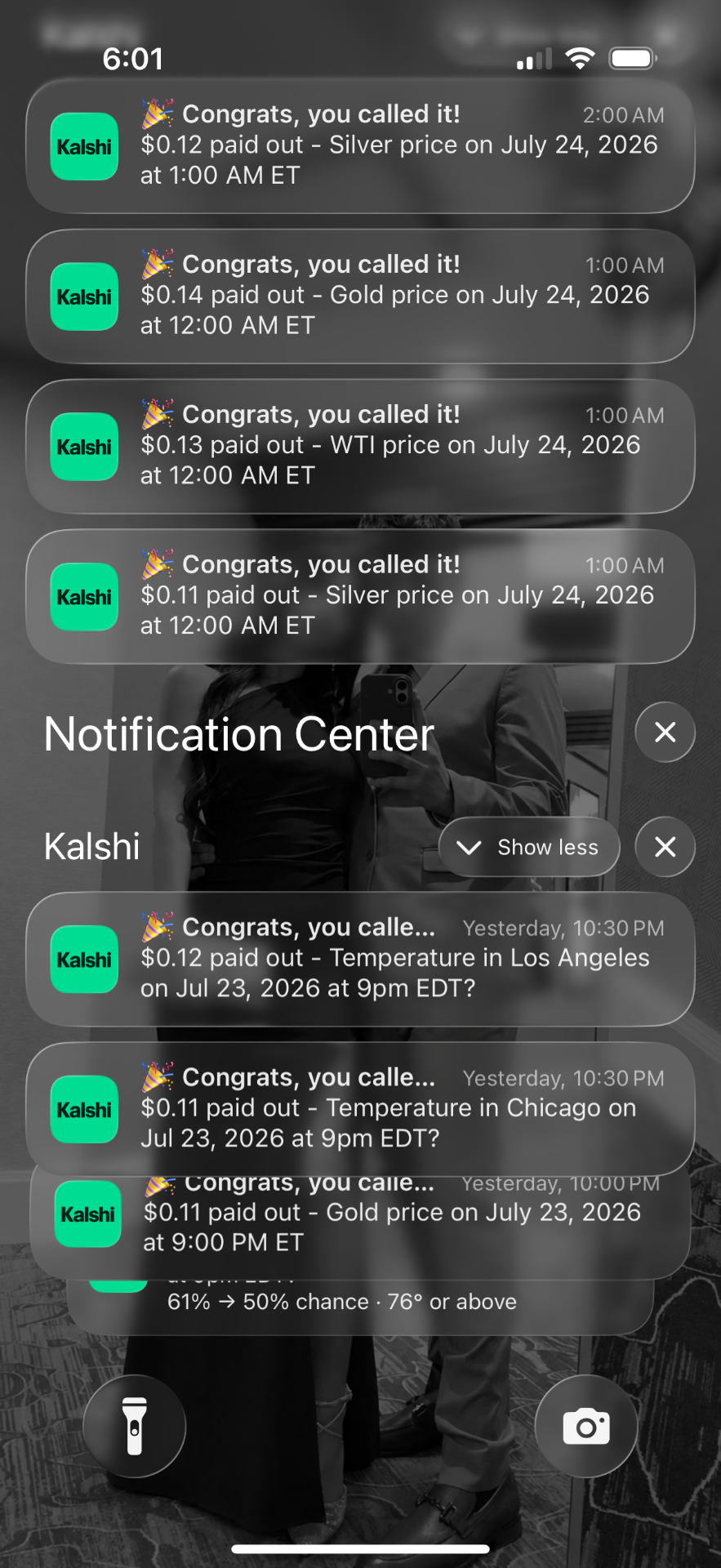 iPhone notifications from Kalshi stacked with congrats-you-called-it payouts from Suo Signal trades